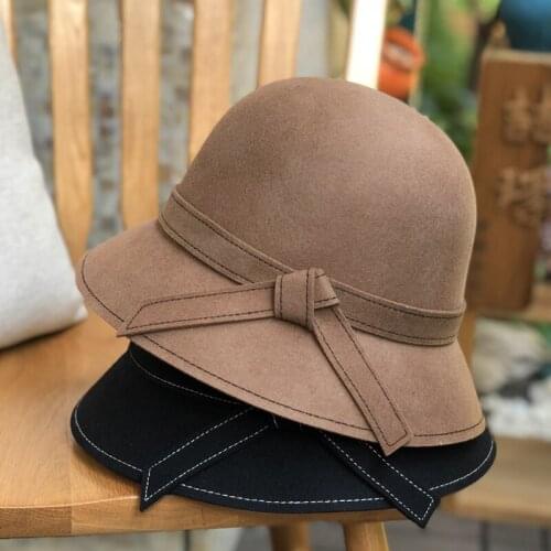 Elegant French Style Bow Wool Felt Bucket Hat Women Fall Winter Billycock Top Hats Fashion Vintage Cap Good Craft