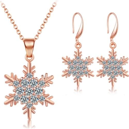 FYJS Unique Rose Gold Color Alloy Snowflake Pendant with Cubic Zircon Necklace Drop Earrings for Christmas Gift Jewelry Sets