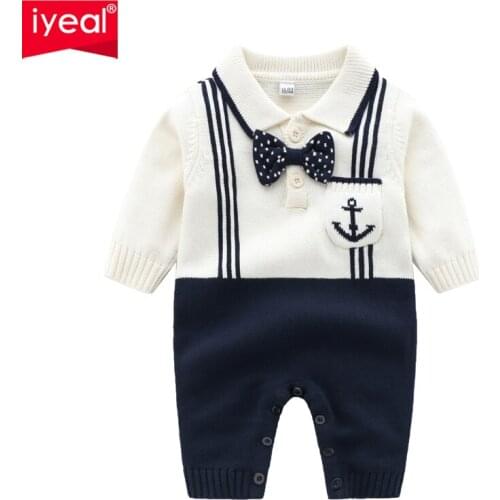 IYEAL Gentleman Boy Jumpsuit Outfits Newborn Infant Baby Boys Romper Cotton Knitted Fake 2 Pieces Long Sleeve Toddler Clothes