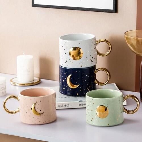 Creative Ceramic Gold Moon Sun Coffee Mugs With Gold Handgrip Porcelain Tea Milk Cups Nordic Home Office Water Mug Cup Nice Gift