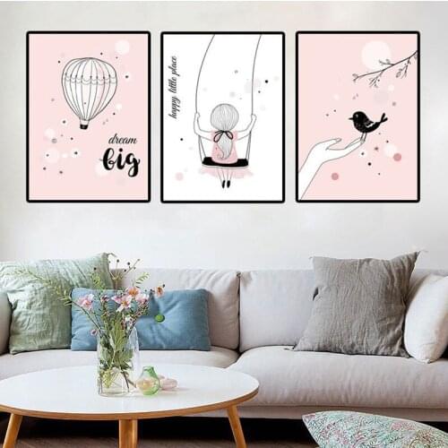 Cartoon Poster Nordic Canvas Painting Cute Bird Swing Hot Air Balloon Poster Wall Art Picture Home Decor Kid Bedroom Living Room