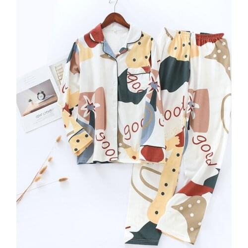 New Japanese Korean couple cotton graffiti pajamas men XL spring and autumn suit long sleeve trousers casual ladies pajamas