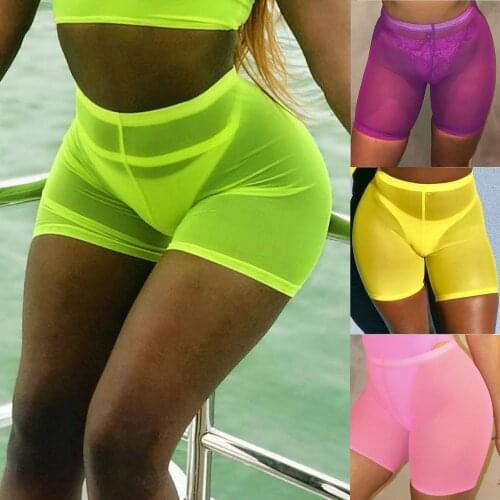 New High Waist Women Sexy Neon Green Pink Perspective Mesh Sheer Swim Shorts Bikini Bottom Cover Up Solid Beachwear