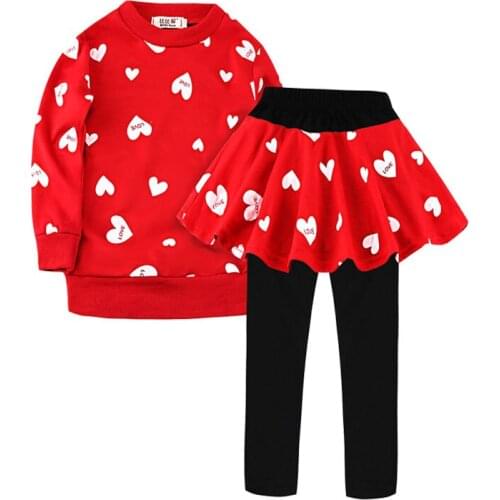 Girls Clothes Heart-shaped Printed Long-sleeved T-shirt Skirt Pants Two-piece Cotton Baby 3-7 Y Child Quality Clothing Hot Sale