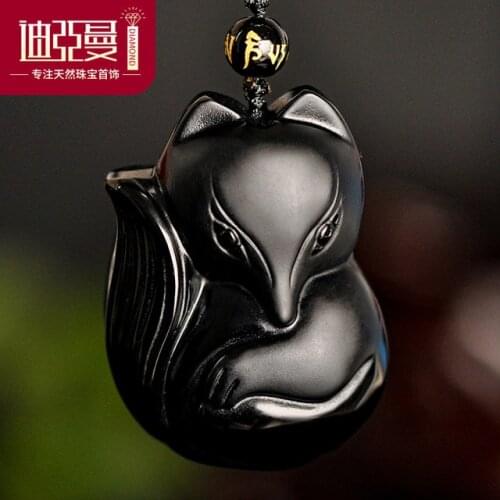 Genuien Natural Black Obsidian Women Men Big Pendant Fox Carved 49x36mm Necklace Drop Shipping AAAAA