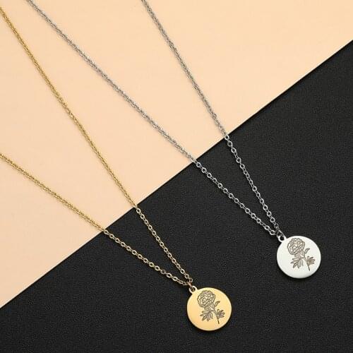2021 Stainless Steel Birth Flower Necklace Botanical Jewelry Disc Necklace Engraved Jewelry birthday gift