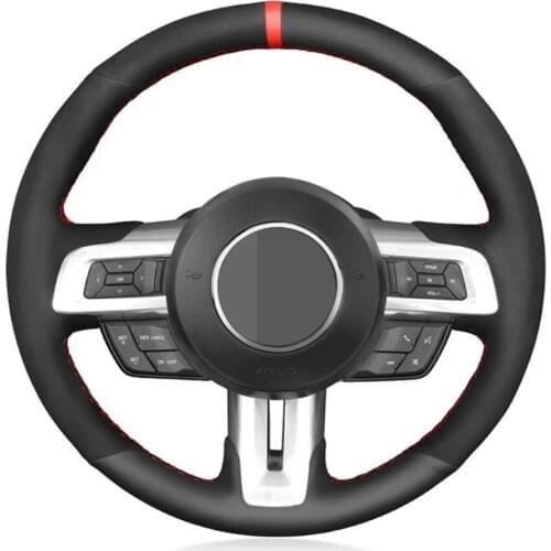 Hand-Stitched Non-slip Black Genuine Leather Suede Anti-Slip Car Steering Wheel Cover For Ford Mustang 2015-2019 Mustang GT 2015
