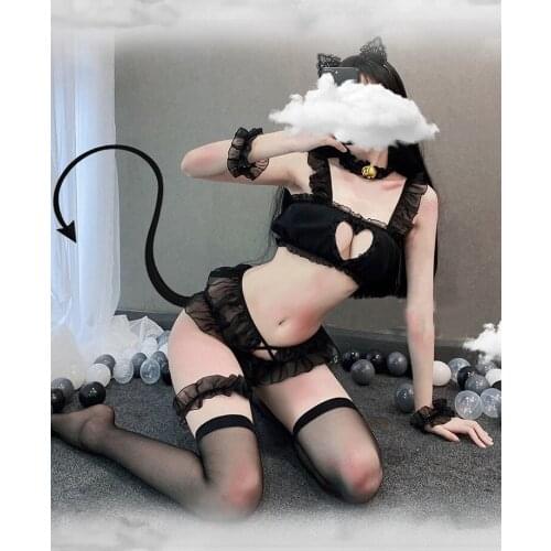 Halloween Sexy Lingerie Cat Cosplay Costumes Black White Lace Hollow Out Erotic Cute Tail Headband Uniform Props Photo Dress