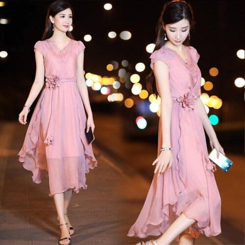 Chiffon dress summer slim temperament summersuper fairy was thin waist lace fairy long dress solid natural color lace dresses