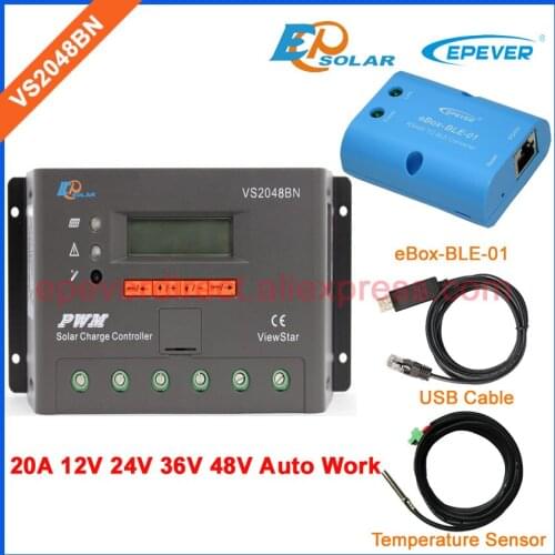 PWM 20A 48V work solar panels system reliable battery charging regulator VS2048BN bluetooth adapter and USB and Temp sensor