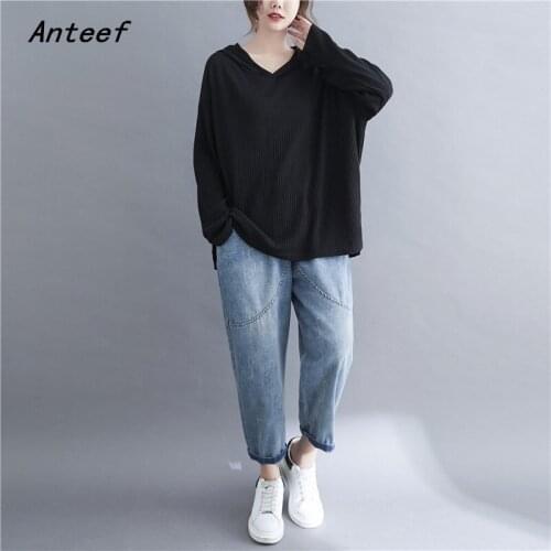 Anteef long sleeve cotton spring autumn korean fashion tshirt vintage tee t shirt casual loose tops women 2021 t-shirts clothes
