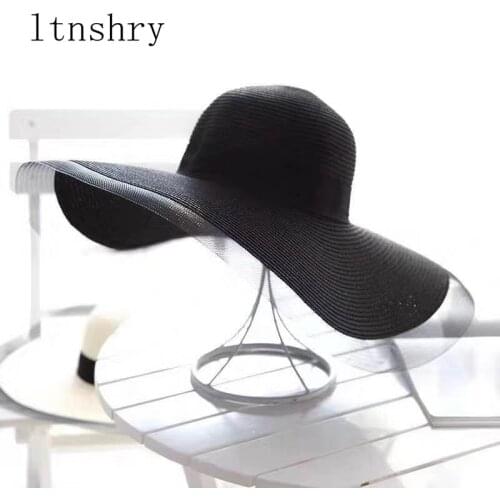2019 Summer Sun Floppy Shade Straw Hat Summer Hats For Women Black Band Wide side Thin Gauze Patchwork Paper Woven Panama Hat