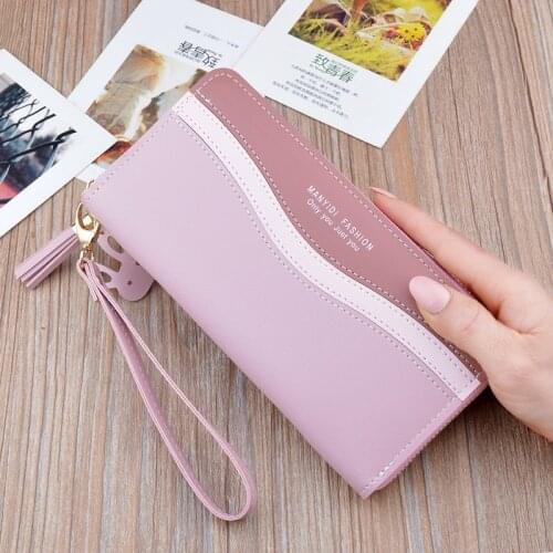 Women Patchwork Color Contrast Long Wallets Female Zipper Tassel Coin Purses Ladies Wristband Clutch Bag Credit Card Holder