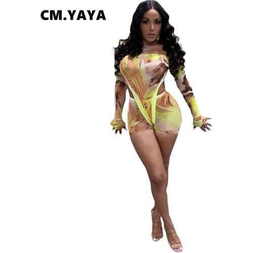 CM.YAYA Women Set Print Full Sleeve Off Shoulder Slash Neck Bodysuit Stretchy Shorts Two 2 Piece Set Sexy Fashion Outfit Summer