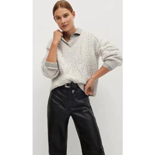 Nlzgmsj Za Knitted Sweaters Hollow Out Casual Chic Women Pullover Vintage Loose Long Sleeve V-neck Tops Sweater Jumper 202108