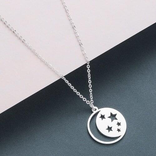 Cxwind Geometric Round Necklace Moon Star Pendants Necklaces For Women Stainless Steel Gold Chain Cactus Chain collier Femme