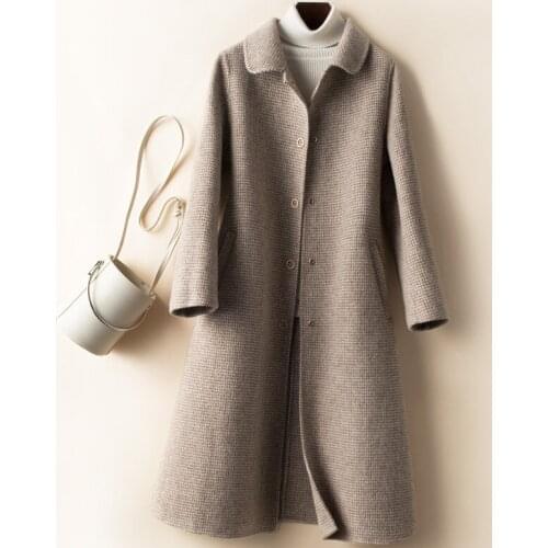 Wool 100% 2020 New Women Korean Houndstooth Plaid Coat Female Jacket autumn Overcoat Abrigos Mujer Elegante 1052