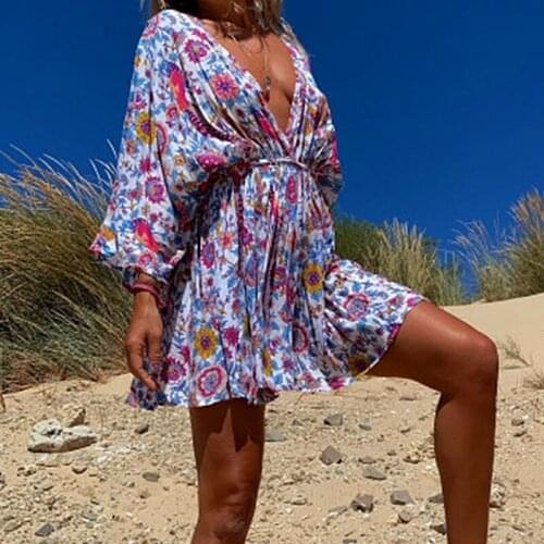 Super V-neck Batwing Sleeve Boho Dresses for Women Vintage Floral Sexy Lady Beach Casual Dress Plus Size Summer Punk Rave Dress