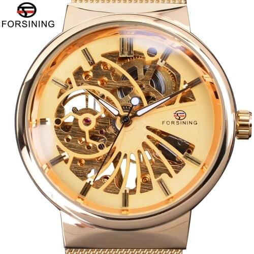 Forsining Golden Fashion Series Skeleton Design Untra Thin Case Open Work Mens Watches Top Brand Luxury Mechanical Wrist Watches