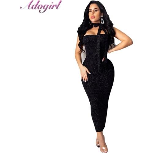 Elegant Metallic Glitter Strapless Lace Up Bandage Long Dress Women Sexy Hollow Out Backless Evening Party Club Banquet Dresses