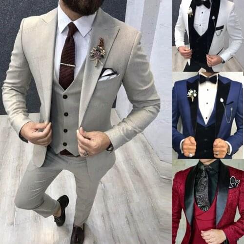 Classic Beige Mens Wedding Suits 3 pieces Slim Fit Groom Dinner Prom Tuxedo Tailored Business Blazer Best Man Jacket with Pants