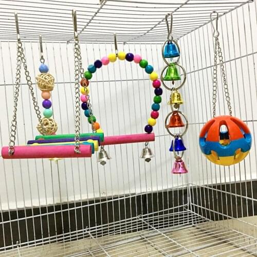 5PCS Parrot Cage Toys Fashion Assorted Parrot Hanging Toys Bird Hanging Bells Colorful Wood Toy Bird Funny Favor Toy Accessories