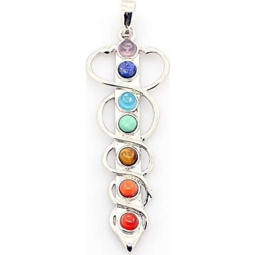 Kraft-beads Silver Plated Sword with 7 Color Round Beads Chakra Pendant Healing Balancing Jewelry