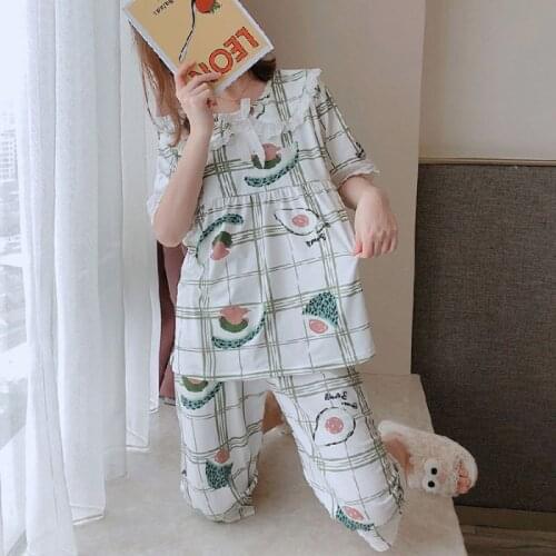 2020 Summer Pajamas Suit Fashion Cute Printed Short-sleeved Cropped Pants Home Wear Loose Doll Collar Top Shorts 2 Pcs Suit