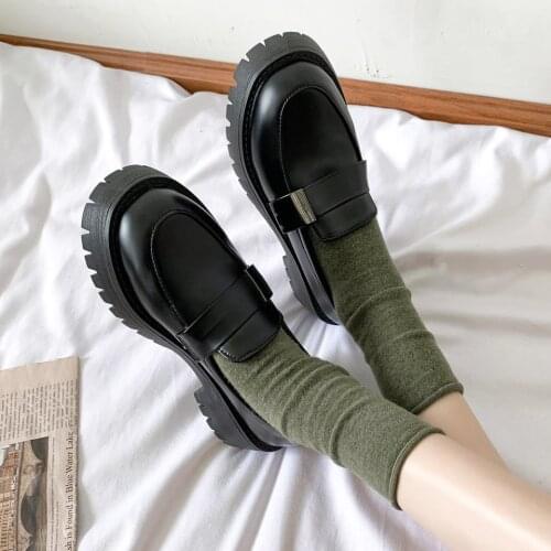 Lolita mary jane shoes Woman Solid Black PU Leather Loafers Zapatos De Mujer Casual Women Slip on Flats Round Toe Platform Shoes