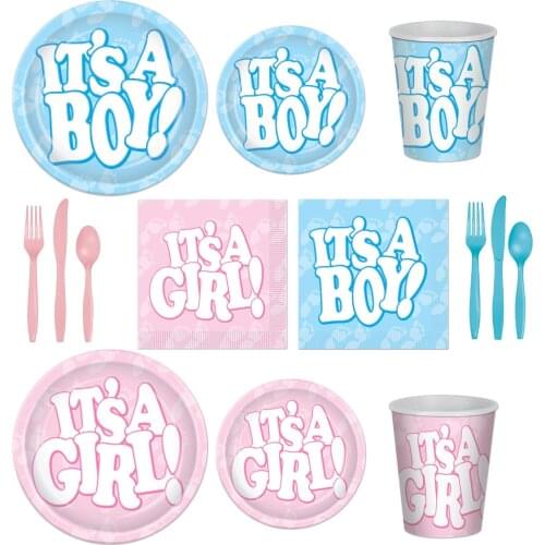 Its a Boy Girl Disposable Tableware Paper Plates Cups Straw Gender Reveal Kids 1st one Birthday Party Decor Baby Shower Supplies