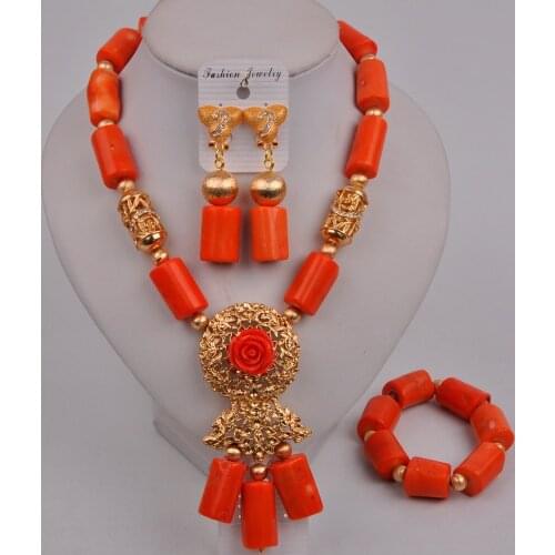 Orange Coral Nigerian Wedding African Beads Jewelry Set Coral Bridal Jewelry Sets for Women 2-18-D4