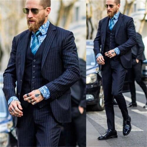 Navy Blue Wedding Tuxedos High Quality Striped Two Button Mens Groom Suits Notached Lapel Prom Party Blazer Jacket 3 Pieces