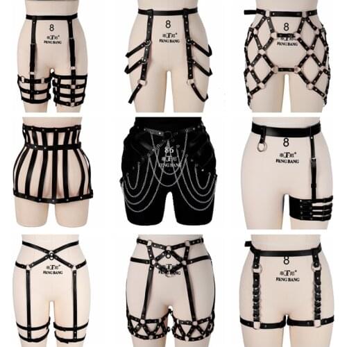 Black Leather Garter Belt Cage Thigh Goth Punk Metal Ring Adjust Waistband Suspender Sexy Lingerie Dance Rave Skirt Body Harness