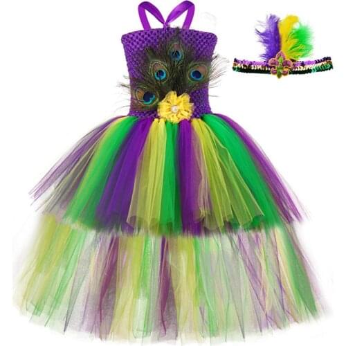 Fluffy Birthday Party Tutu Dress Girl Kids Peacock Baby Girl Clothes Set Flower Girls Wedding Dress + Peacock Feathers Headband