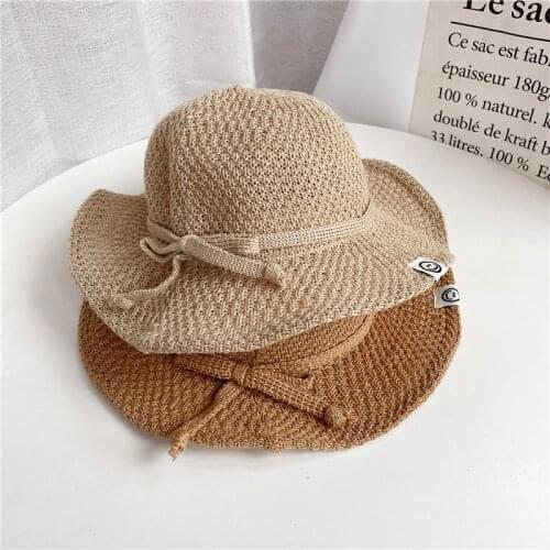 Summer Solid Color Simply Childrens Straw Hat Girls Big Brim Outdoor Sun Hat Breathable Lace Foldable Beach Cap For Kids
