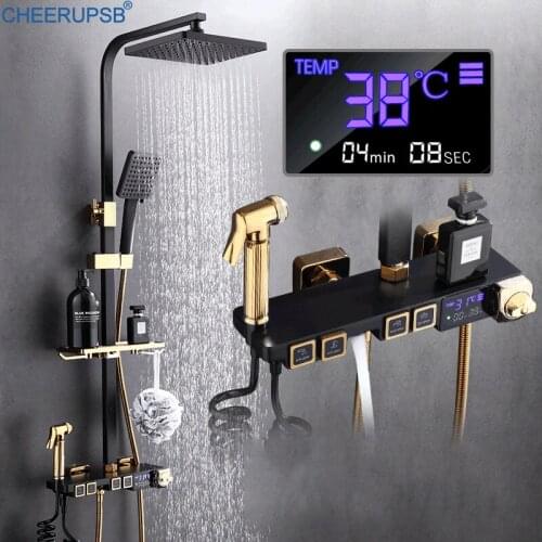 LED Shower Set Bathroom Thermostatic Digital Shower System Wall Mount Massage Rainfall Bath Faucet Square Spray Copper Torneira