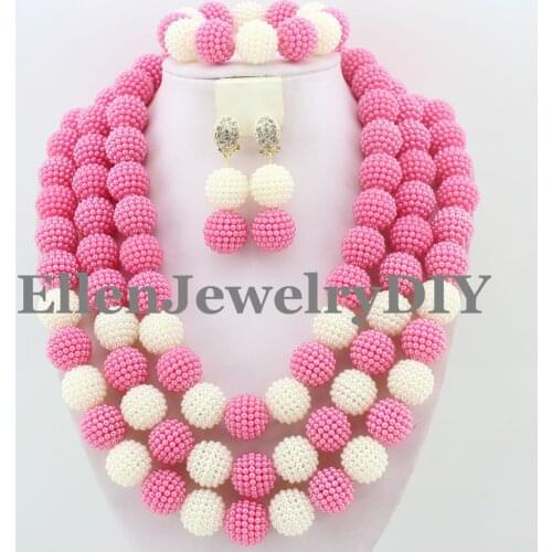 Gorgeous Hot Pink&White Beads Balls African Necklace Jewelry Set Nigerian Beaded Wedding Jewelry Set Free Shipping W10342