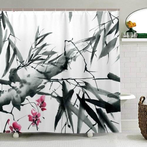 Sakura Tree And Bamboo Leaves Shower Curtains Polyester Fabric Waterproof Chinese Ink Painting Bath Curtains for Bathroom