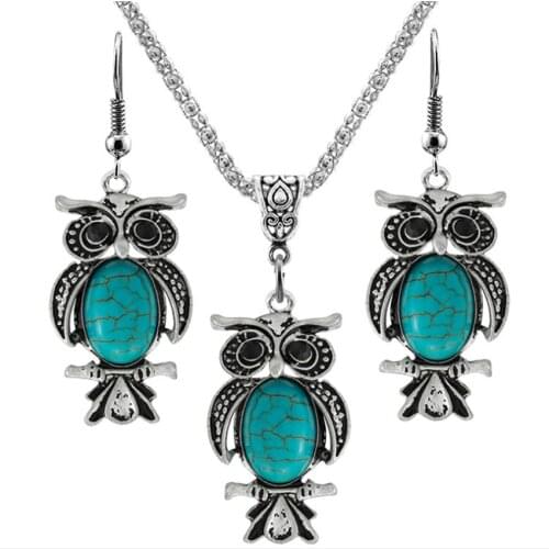 Wisdom Owl Shape Silver Plated Green Turquoises Stone Necklace Drop Earrings Charm Jewelry Sets