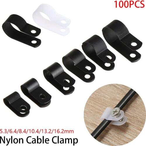 100PCS R-Type Nylon Cable Clamp Plastic P Clips Black Nylon Fasteners Cable Mounting Fix Hardware Durable Useful High Quality