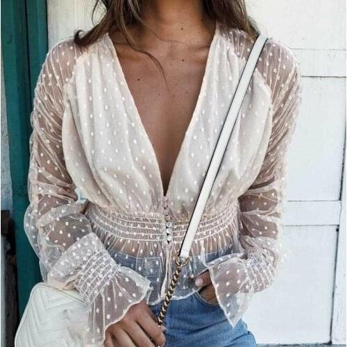 Women 2019 summer mesh sheer elegant blouses female holiday long sleeve transparent see through deep v neck sexy blouse shirts