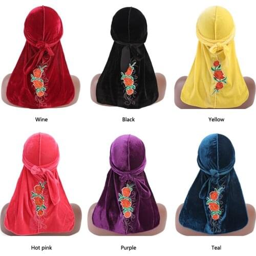Women velvet durag Turban rose flower pattern headwrap doo do rag Bandanas Headwear Headband Hair Cover Accessories Waves Cap