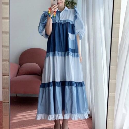 New Design Hit Color Patchwork Big Swing A-LINE Ruffles Turn Down Collar Puff Sleeve Dresses Women X399