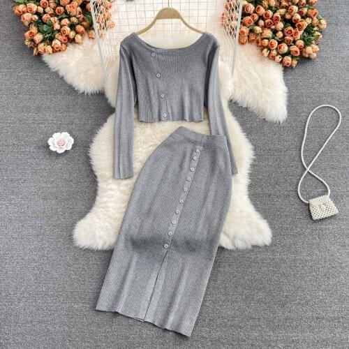 New 2021 Autumn Women Vintage Knitted Suit Long Sleeve O-neck Top And Maxi Skirt Fashion Ladies Casual Two Piece Set Korean