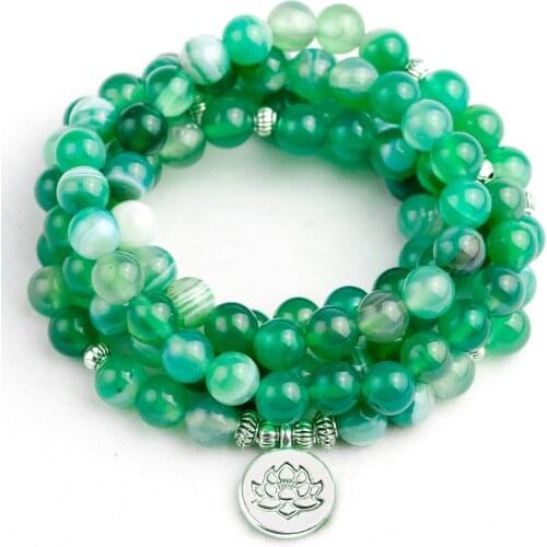 Natural Green Stripe Onyx Stone Beades with Lotus Buddha Charm Pendent Bracelet Boho 108 Women Necklace Jewelry Dropshipping