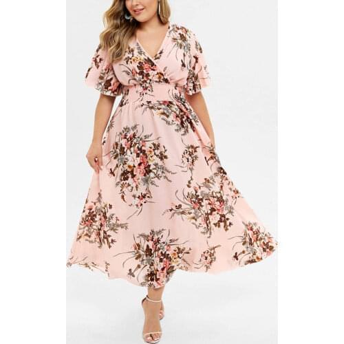 Fashion WomenS Plus Size Floral Printed Maxi Dress V-Neck Bohemian Short Sleeve Streetwear Loose Summer Long Dresses Woman