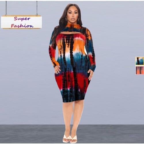 XL-5XL 2021 large plus size dress women clothing fashion sexy long sleeve tie dye hollow club dresses Wholesale Dropshipping