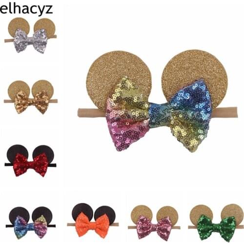 10pcs/lot NEW Trendy Glitter Mouse Ears 4'' Sequins Bow Nylon Headband Elastic Hairband Kids Headwear Children Hair Accessories