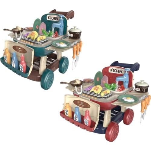 2 in 1 Kids Barbecue Cart Toy Girl Kitchen Supermarket Hand Cart Baby Pretend Play Toy Gift Simulation Kitchen Toys