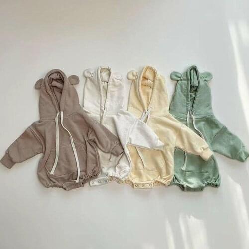 2021 Fashion Autumn Newborn Baby Clothes Bear Hooded Infant Boys Girls Jumpsuit Solid Cotton Kids Bodysuit Children Cute Outfit